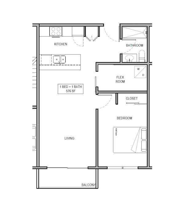 A floor plan of a small apartment with a kitchen, bathroom, living room, bedroom, and closet.