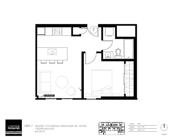 A black and white image of a floor plan for a 1 bedroom suite at 166 East 11th Avenue, Vancouver, BC.