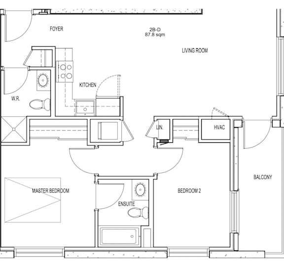 A floor plan of a home with a living room, kitchen, two bedrooms, and a balcony.