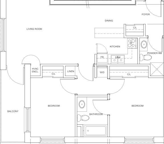 A floor plan of a house with a living room, two bedrooms, a kitchen, a powder room, a dining room, a laundry room, and a balcony.