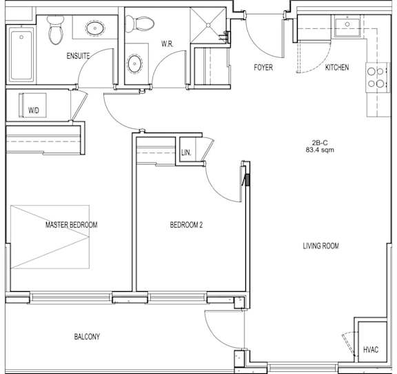 A floor plan of a home with a living room, kitchen, and two bedrooms.