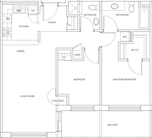 A floor plan of a house with a living room, dining room, kitchen, two bedrooms, a foyer, two bathrooms, and a balcony.