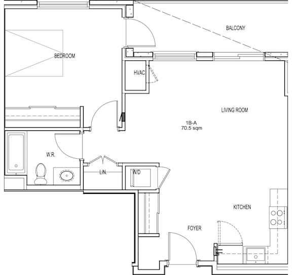 A floor plan of an apartment with a living room, bedroom, kitchen, and foyer.