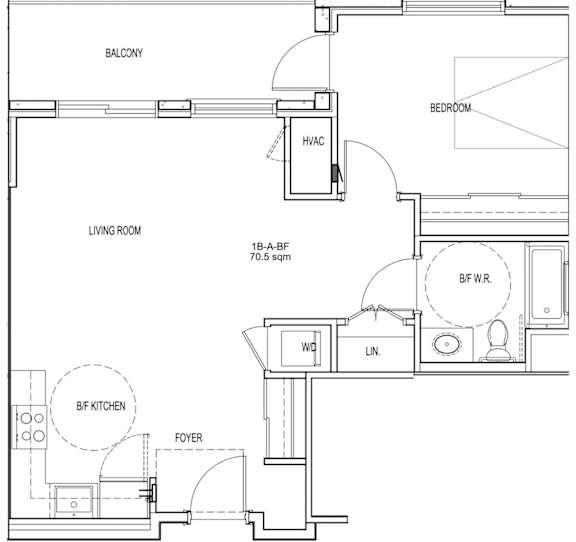 A floor plan of a small apartment with a living room, bedroom, and kitchen.
