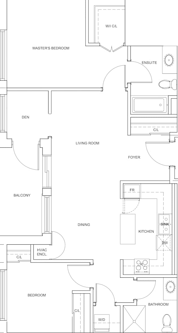 A floor plan of an apartment with a living room, dining room, kitchen, bedroom, and bathroom.