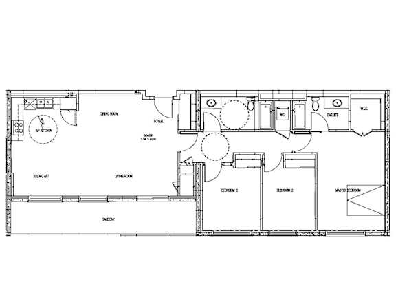 A floor plan of a house with a kitchen, living room, and two bathrooms.