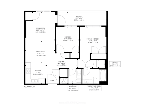 A black and white floor plan of a house with labeled rooms and dimensions.