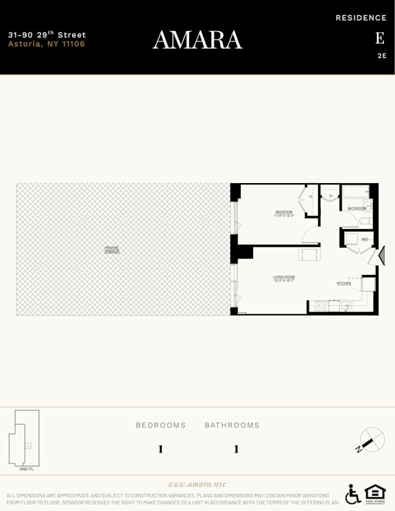 A floor plan for a residence in Amara shows one bedroom and one bathroom.