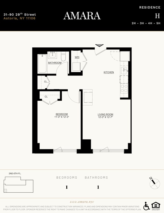 A floor plan for a residence named Amara, located at 31-90 29th Street, Astoria, NY 11108, shows a layout with two bedrooms, two bathrooms, a kitchen,