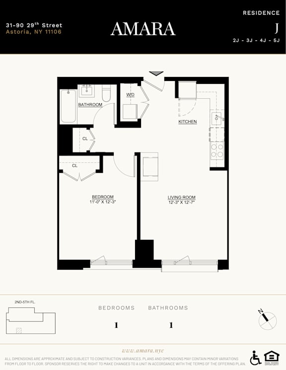 A floor plan for a residence named Amara, located at 31-90 29th Street, Astoria, NY 11106, shows a layout with one bedroom, one bathroom, one kitchen,