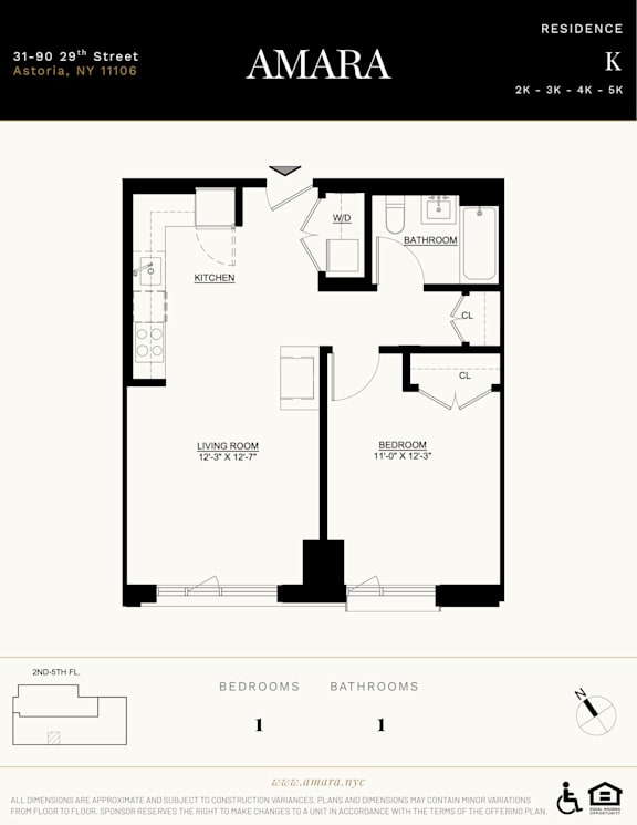 A floor plan for an apartment in Amara, showing a living room, two bedrooms, a kitchen, and a bathroom.