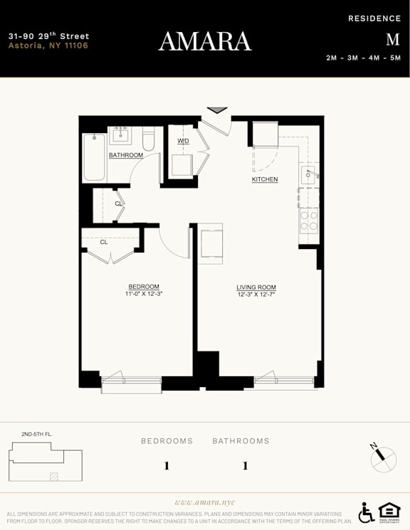 A floor plan for an apartment in Amara, showing a living room, two bedrooms, a bathroom, and a kitchen.