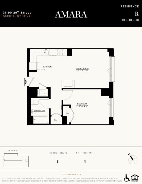 A floor plan for a residence named Amara, located at 31-90 29th Street, Astoria, NY 11106, shows a living room, a kitchen, a bedroom, and a bath