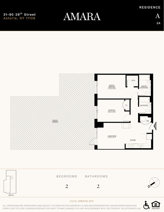 A floor plan for a residence in Amara, NY shows two bedrooms and two bathrooms.