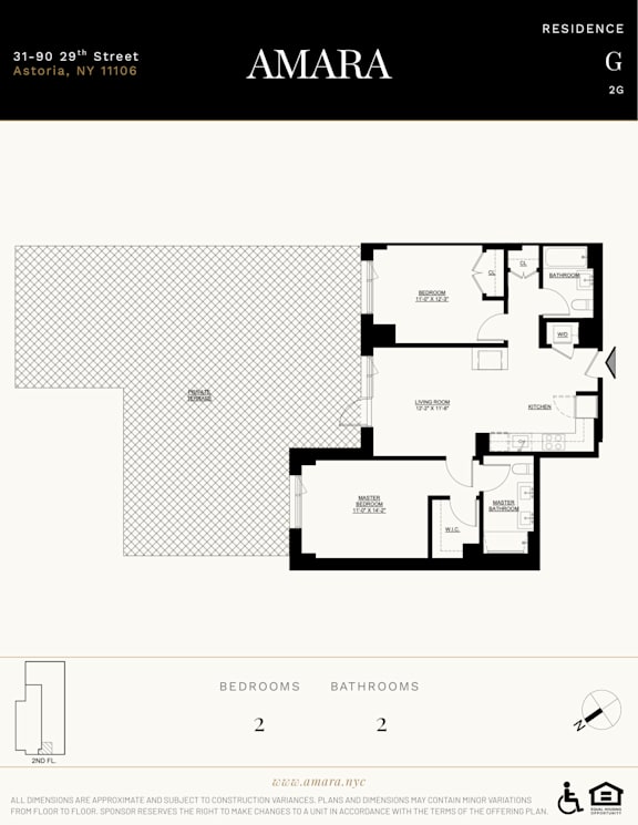 A floor plan for an apartment in Amara, showing two bedrooms and two bathrooms.