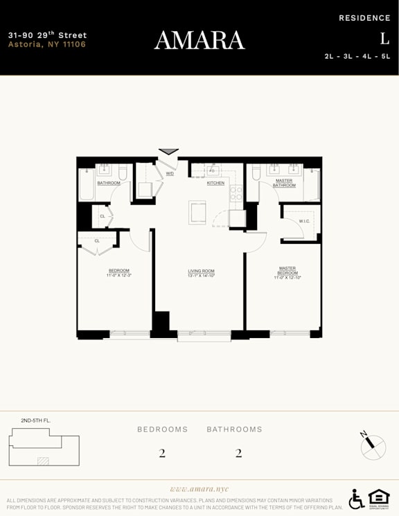 A floor plan for a residence with two bedrooms and two bathrooms.