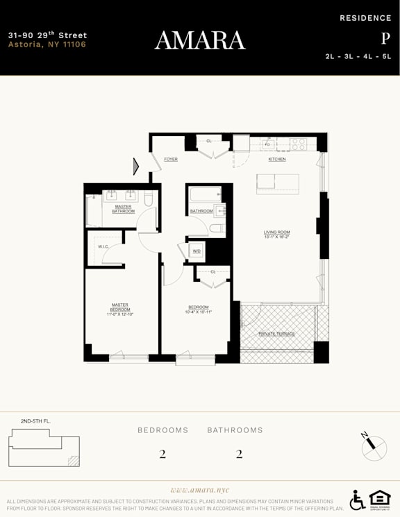 A floor plan for a residence at 31-90 29th Street in Amara, showing two bedrooms and two bathrooms.