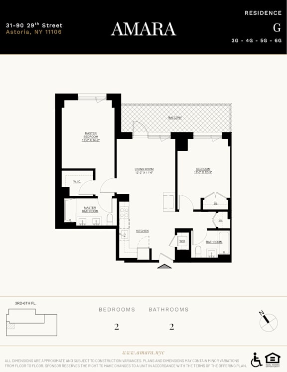 A floor plan for the Amara residence in Astoria, NY shows two bedrooms and two bathrooms.