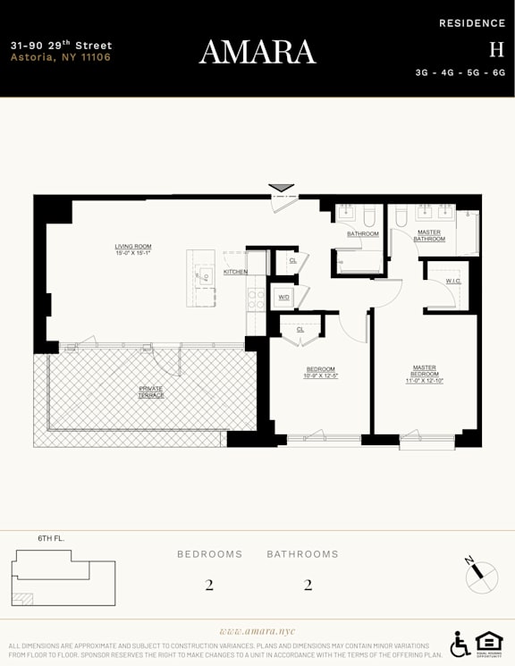 A floor plan for a residence named Amara showing two bedrooms and two bathrooms.