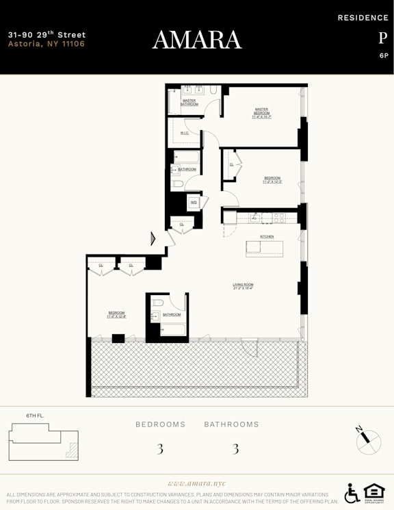 A floor plan for a residence with 3 bedrooms and 3 bathrooms.