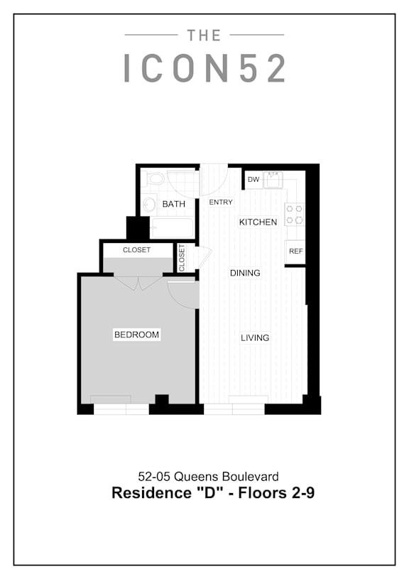 Unit Type D (2nd-9th Floor) Floor Plan at The Icon 52 Apartments, Woodside, NY, 11377