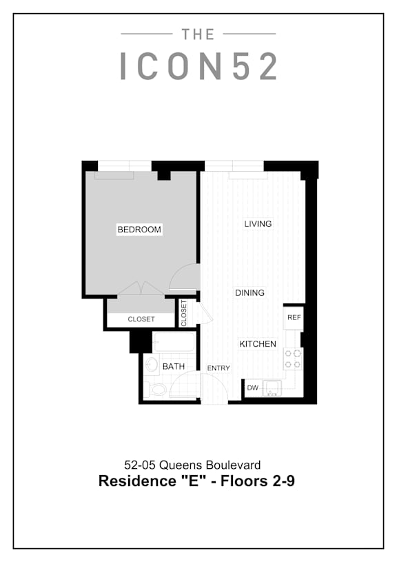 Unit Type E (2nd-9th Floor) Floor Plan at The Icon 52 Apartments, Woodside, NY
