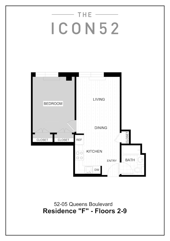 Unit Type F (2nd-9th Floor) Floor Plan at The Icon 52 Apartments, Woodside, 11377