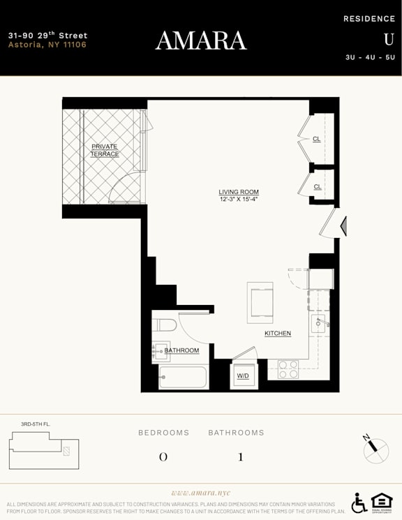 A floor plan for a residence in Amara shows a living room, kitchen, bathroom, and bedrooms.