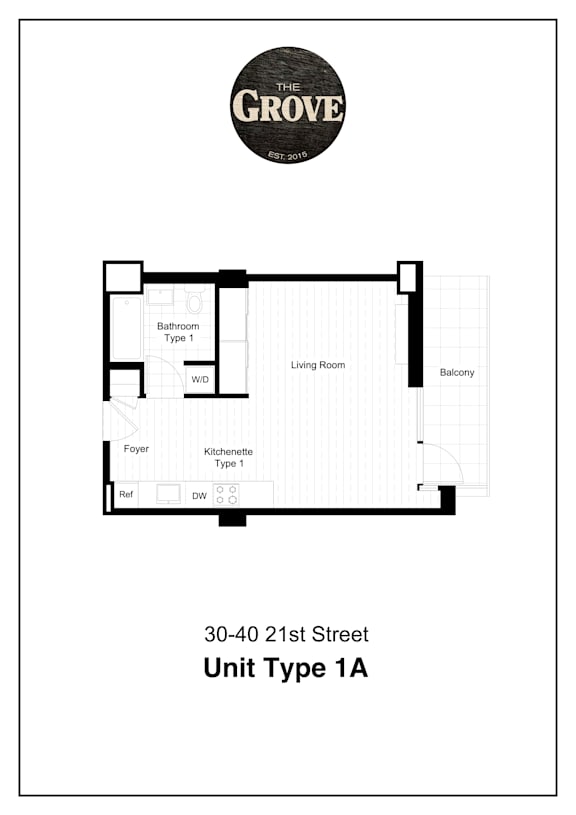 Unit Type 1A Floor Plan at The Grove Apartments, Astoria, New York