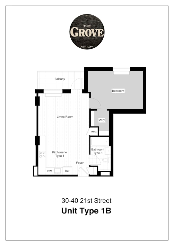 Unit Type 1B Floor Plan at The Grove Apartments, Astoria