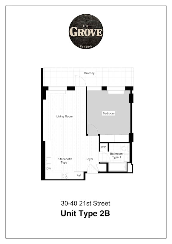 Unit Type 2B Floor Plan at The Grove Apartments, Astoria, NY