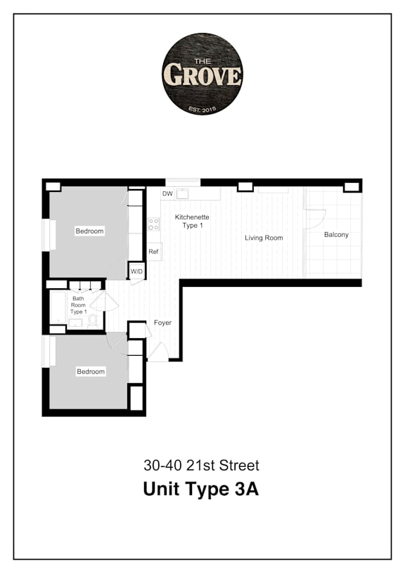 Unit Type 3A Floor Plan at The Grove Apartments, New York, 11102