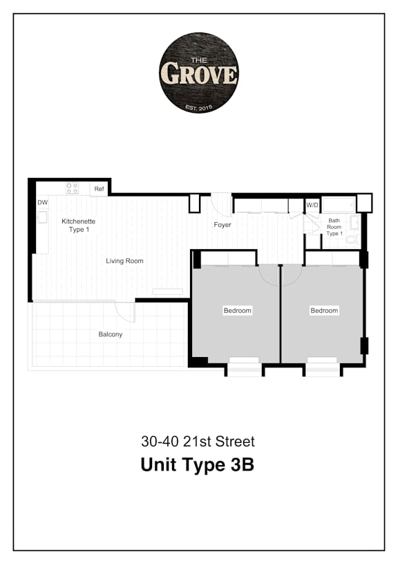 Unit Type 3B Floor Plan at The Grove Apartments, Astoria, NY, 11102