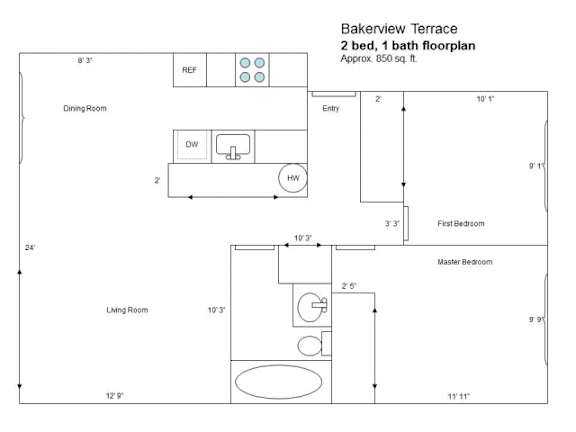 A floor plan for a baker view terrace with two bedrooms and one bathroom.