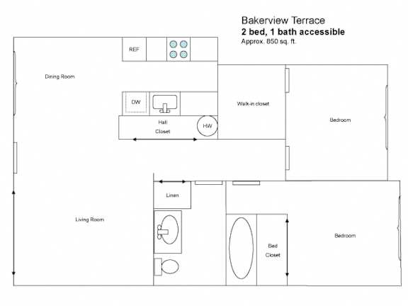 A floor plan of a bakerview terrace apartment with two bedrooms and one bathroom.
