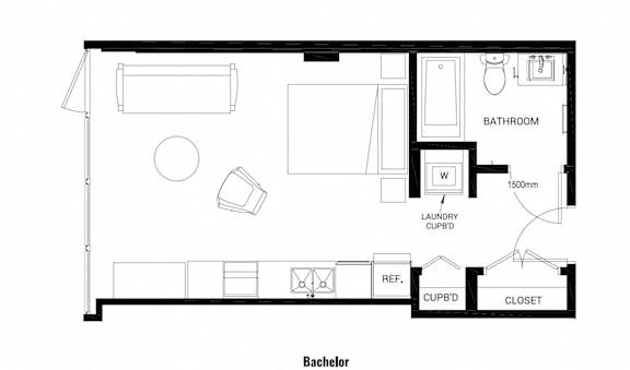 a floor plan of a small room with a bedroom and a bathroom