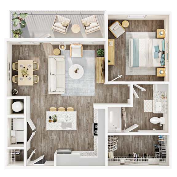 A top-down view of a modern, minimalist apartment layout. at Allegra at Cocoa in Cocoa, FL, 32926