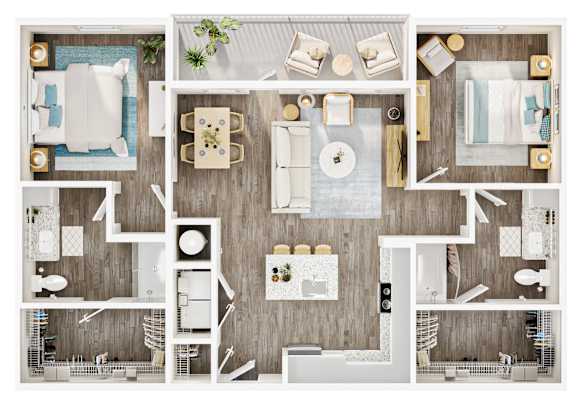 A top-down view of a modern, well-organized apartment with a kitchen, living room, and bathroom. at Allegra at Cocoa in Cocoa, FL, 32926