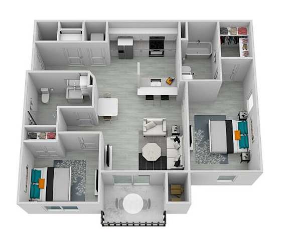 A floor plan of a house with a kitchen, living room, and bathroom.