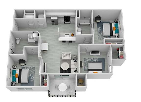 A floor plan of a house with a kitchen, living room, dining room, and bedrooms.