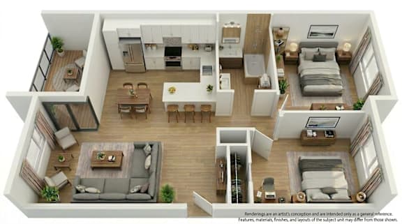 A 3D floor plan of a modern apartment with a living room, kitchen, dining area, and bedrooms.
