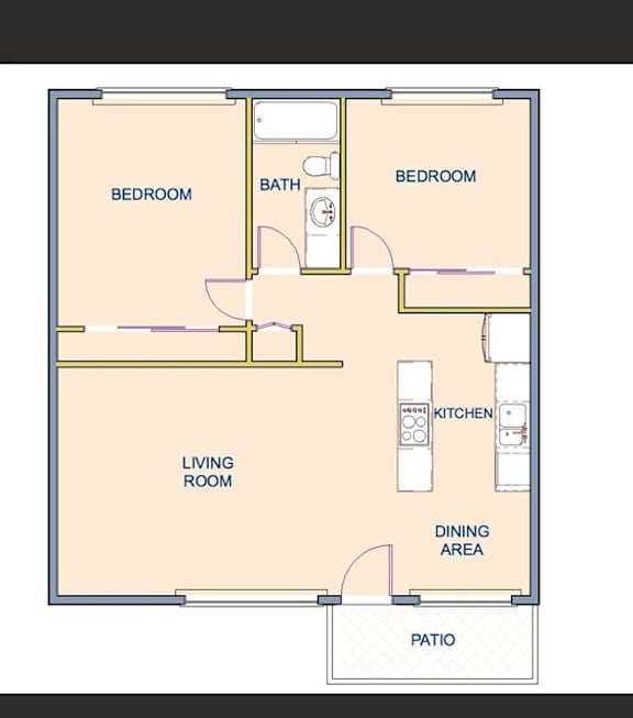 A floor plan of a house with two bedrooms, a living room, a kitchen, a dining area, and a patio.