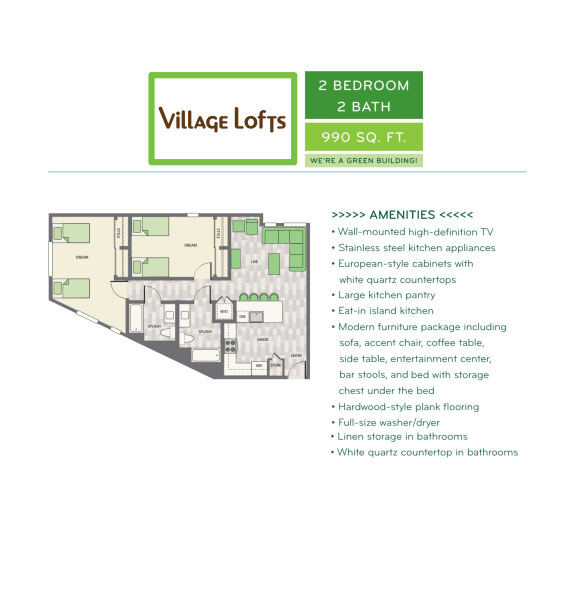 2 bedroom, 2 bathroom floor plan option