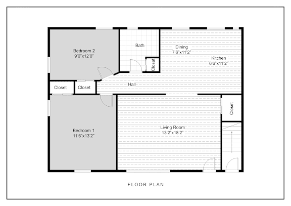 A floor plan of a house with two bedrooms, a living room, a dining room, a kitchen, and a bathroom.