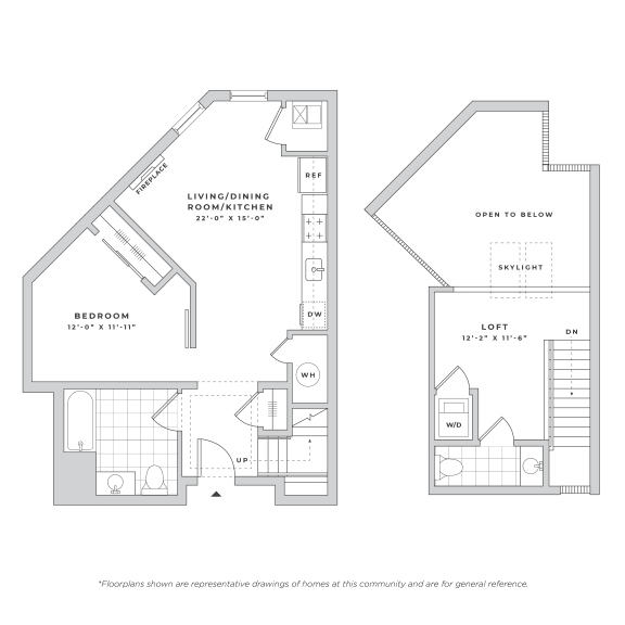 a floor plan of a 1 story apartment with a bedroom and a living room
