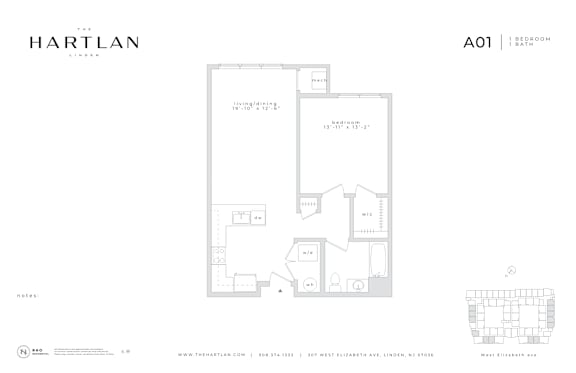 A floor plan for a 1 bedroom apartment is shown.