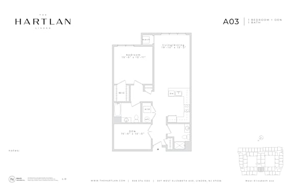 A floor plan for apartment A03 by Hartlan Architects.