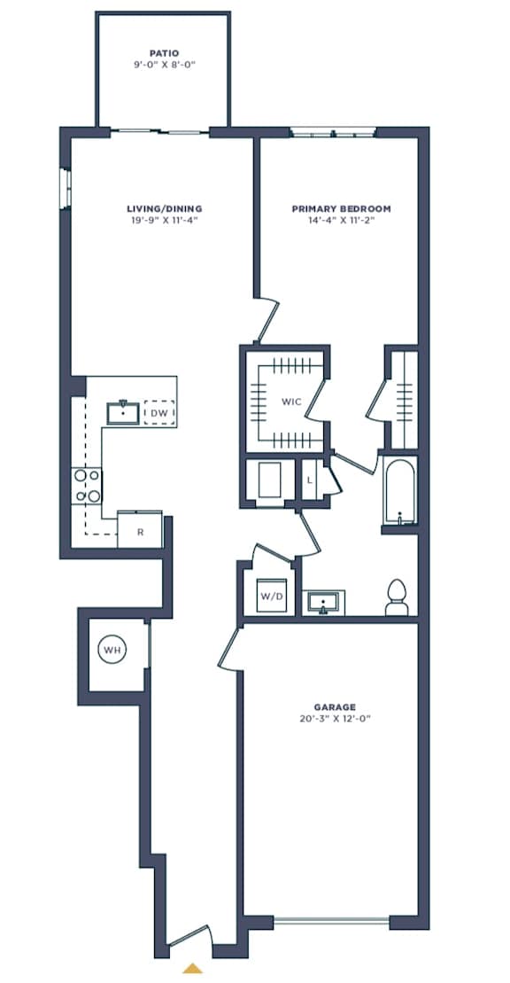 A floor plan of a house with a living room, dining room, kitchen, two bedrooms, and a garage.