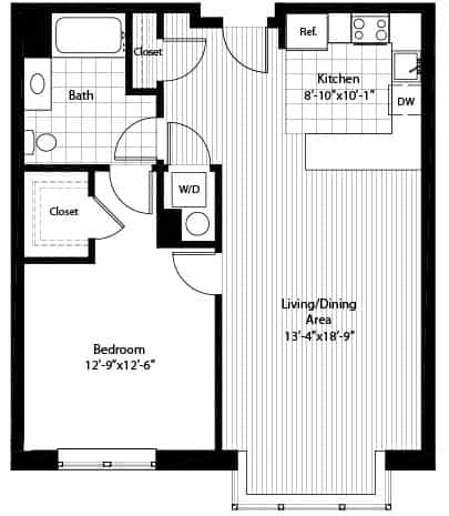 A floor plan of a house with a bedroom, bath, kitchen, and living/dining area.