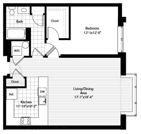 A black and white image of a floor plan for a small apartment.
